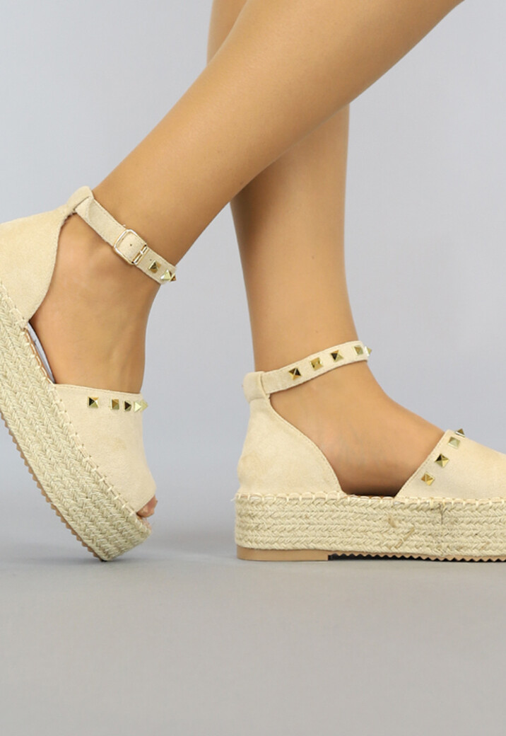 Beige Boho Espadrilles met Peeptoe en Studs