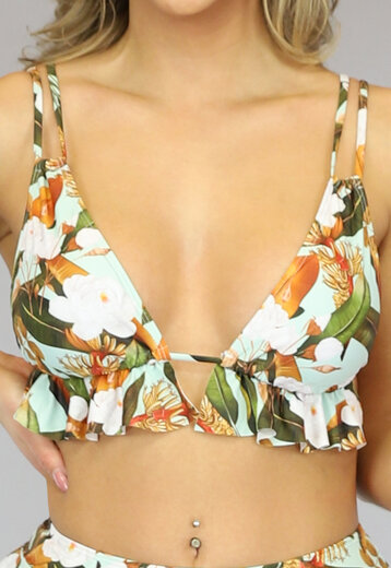 SALE80 Mintgroene Bikinitop met Print en Ruches