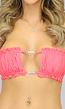 Geplooide Neon Coral Bandeau Bikinitop met Strass