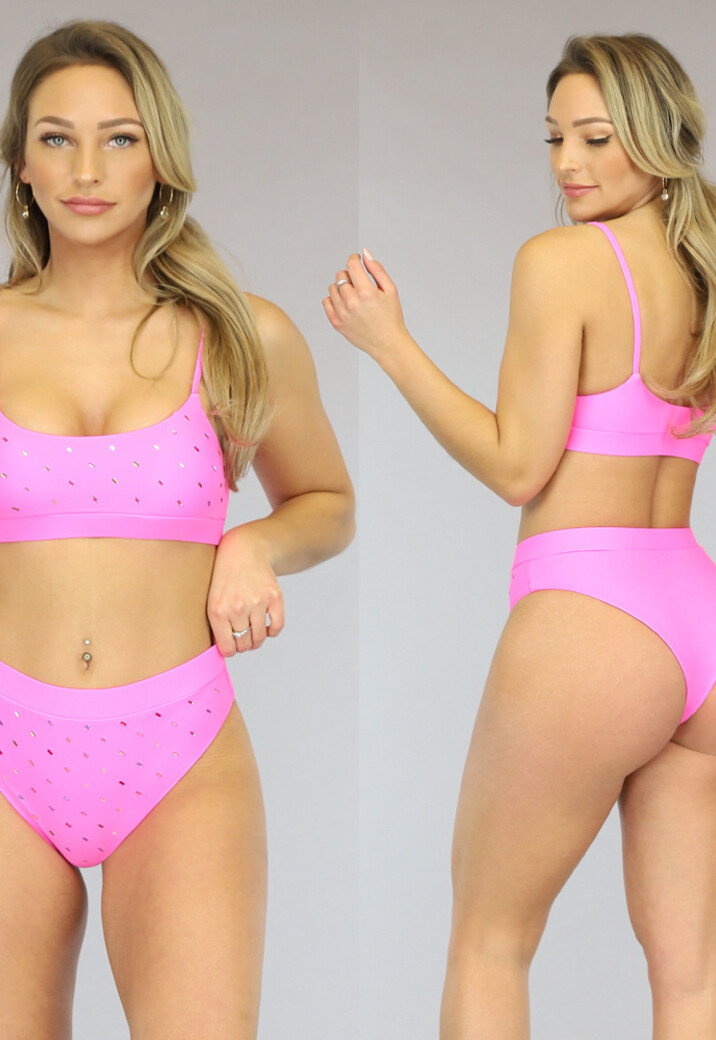 Roze Maxi Bikinibroekje met Gekleurde Steentjes