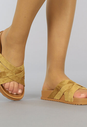 BF2023 Camel Suède-Look Slippers met Crossover