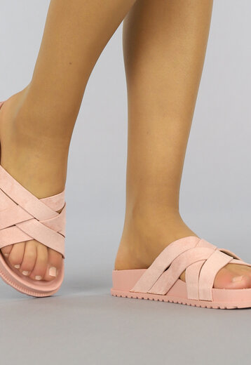 BF2023 Roze Suède-Look Slippers met Crossover