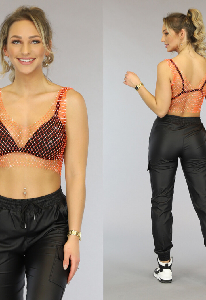 Oranje Fishnet Topje met Strass