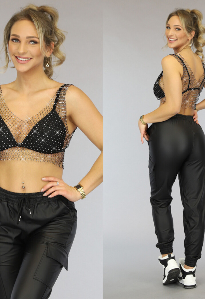 Zwart Fishnet Topje met Strass