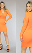 Oranje Bodycon Jurkje met V-Hals en Plooitjes