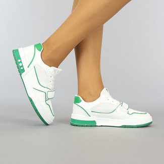 Witte lage Sneakers met Groene Details en Klittenband