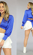 Blauwe Crop Blouse met Strikdetail