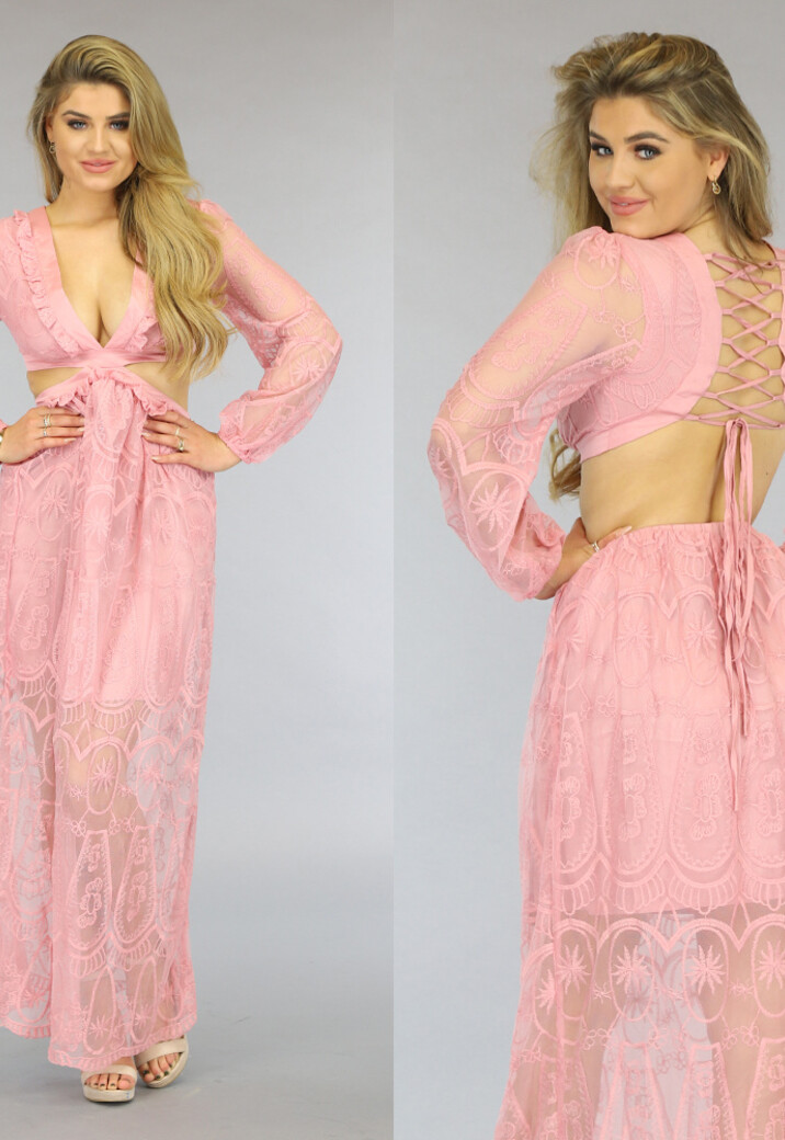 Lichtroze Kanten Jurk met Uitsnede en Veterdetail