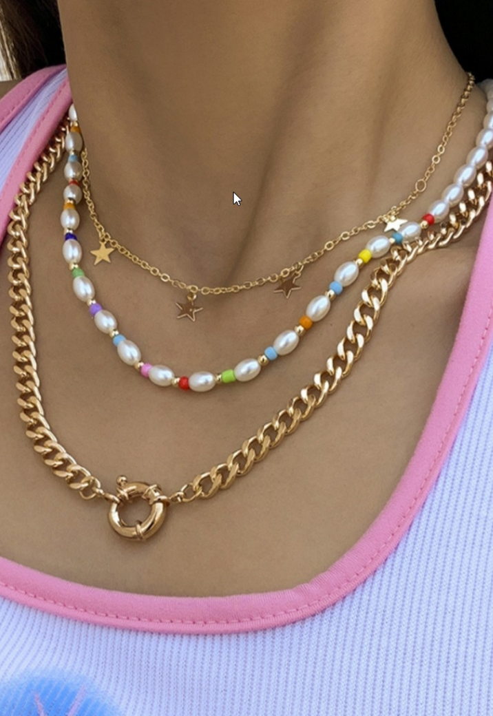 Gouden Driedelige Ketting met Parels en Multicolor Kraaltjes