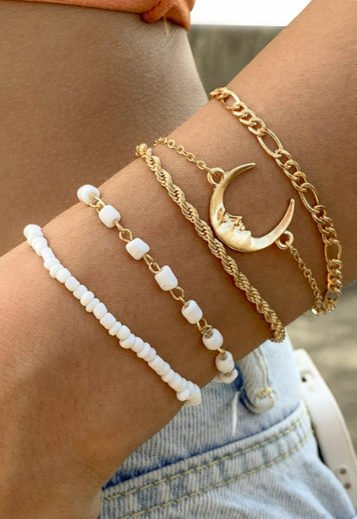 5-Delige Armbanden Set met Maan en Witte Kraaltjes