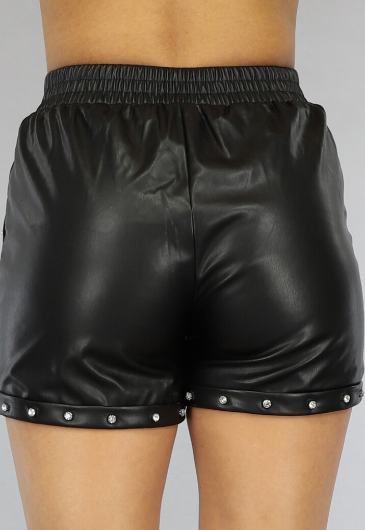 Zwarte Lederlook High Waist Short met Steentjes