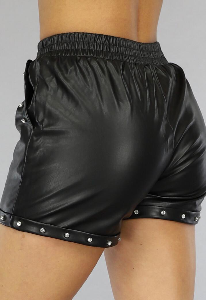 Zwarte Lederlook High Waist Short met Steentjes