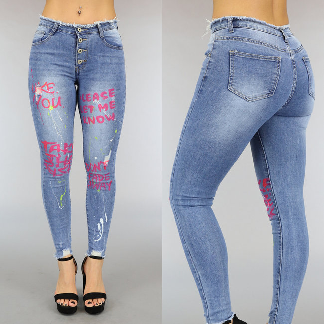 Lichte Skinny Jeans met rafels en Graffiti Tekst