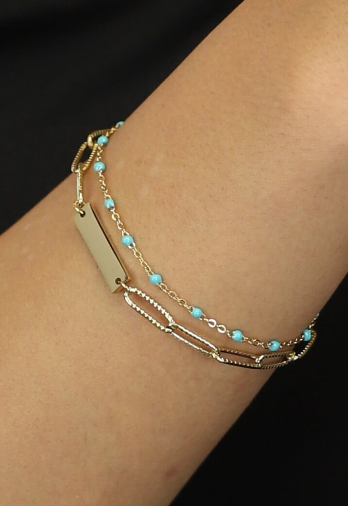 Dubbele Gouden Armband met Blauwe Steentjes en Plate