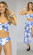 Blauwe Print Bikini Set met Ruches en Cover Up Rok