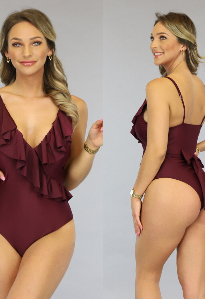 Wijnrood Badpak met Ruches en Strik Details