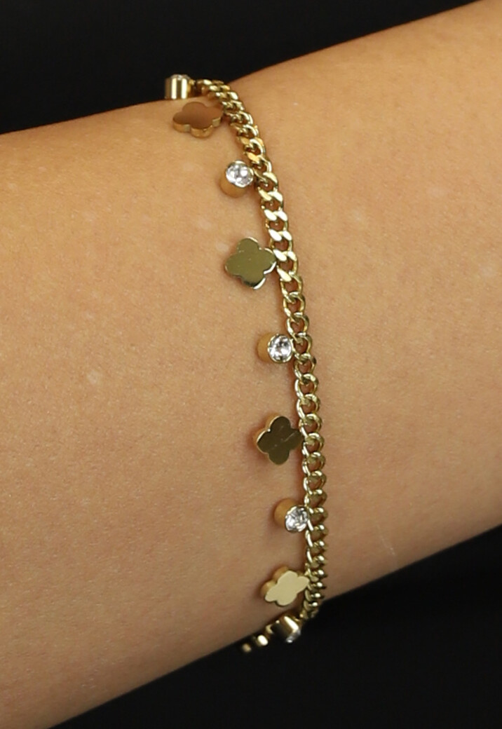 Gouden Armband met Kleine Bloemetjes en Strass Steentjes