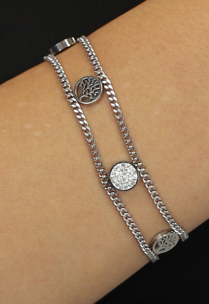 Dubbele Zilveren Armband met Wensboompjes en Strass Steentjes