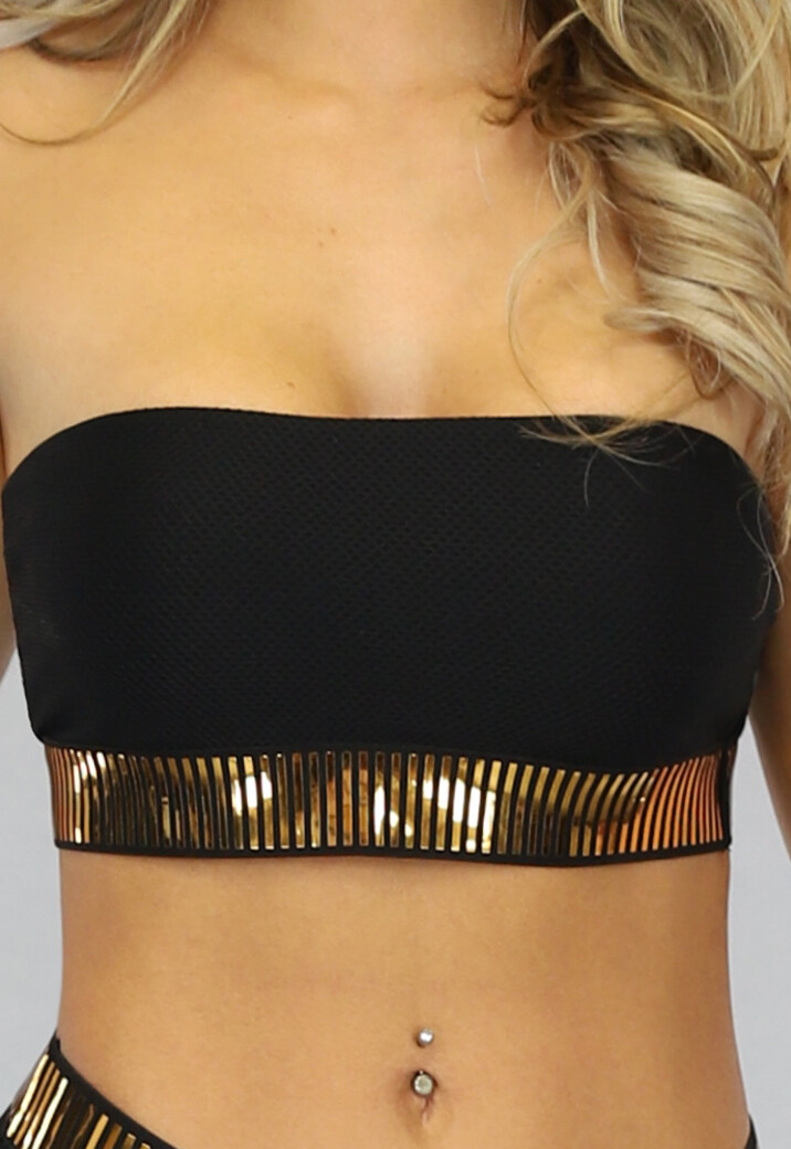 Zwart met Gouden Bandeau Bikinitop met Fishnet Effect en Pads