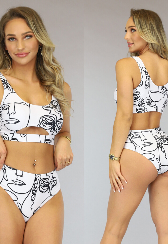Wit High Waist Bikinibroekje met Lijnwerk