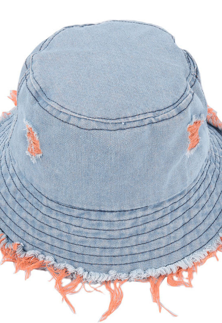 Denim Bucket Hat met Oranje Details