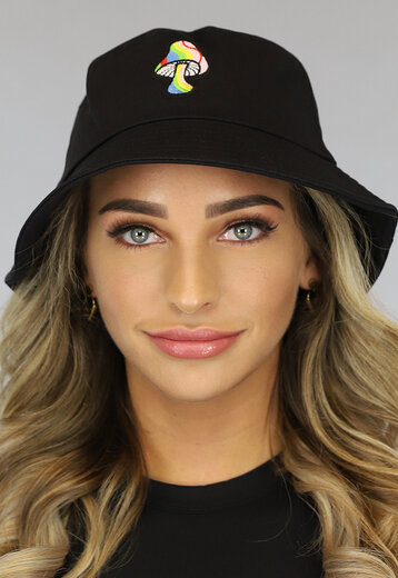 OP=OP.14.AV Zwarte Bucket Hat met Multicolor Paddenstoel