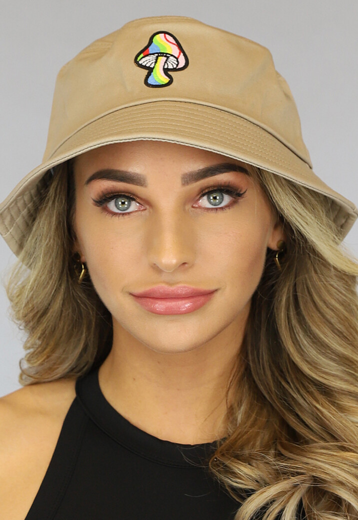 Khaki Bucket Hat met Multicolor Paddenstoel