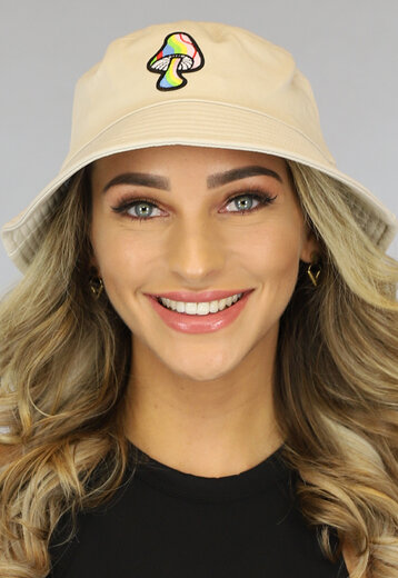 OP=OP.14.AV Beige Bucket Hat met Multicolor Paddenstoel