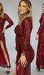 Bordeaux Rode Pailletten Galajurk met V-Hals en Ruches