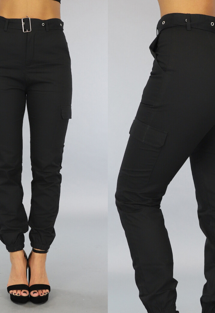 Zwarte Aansluitende Cargo Broek met Riem