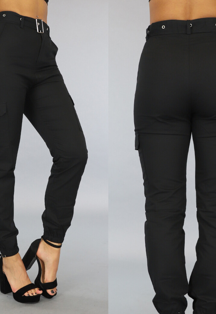 Zwarte Aansluitende Cargo Broek met Riem