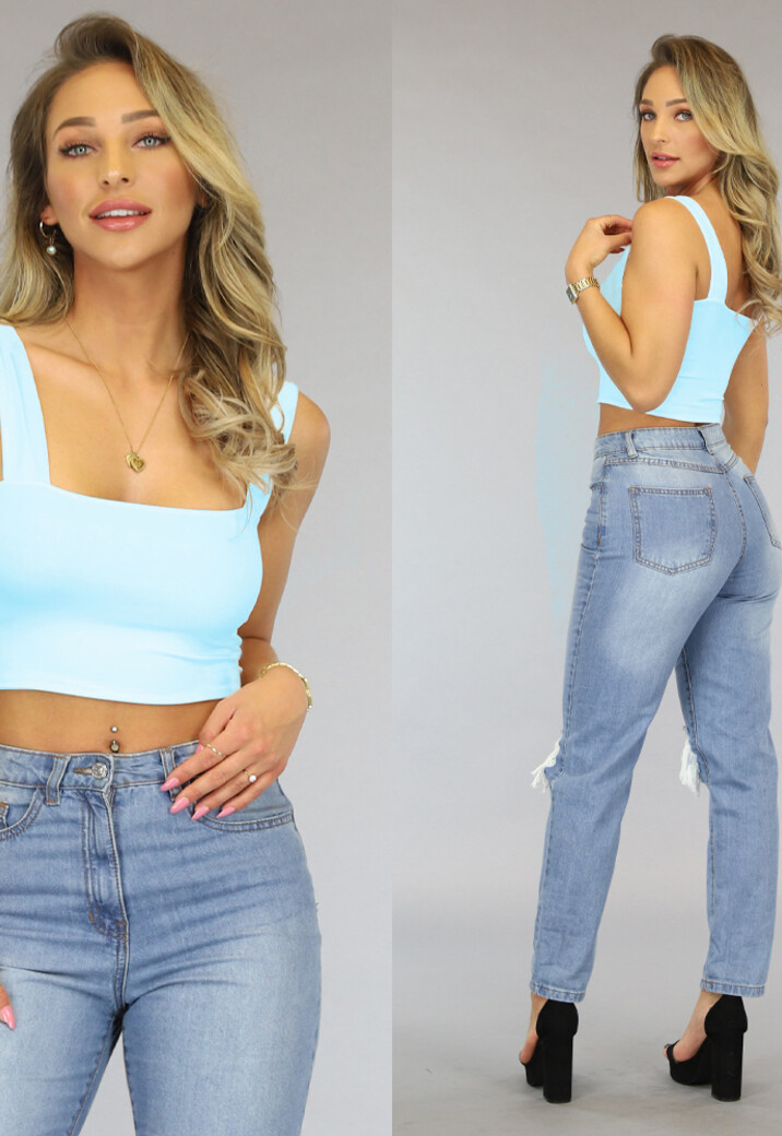 Babyblauwe Crop Top met Vierkante Hals