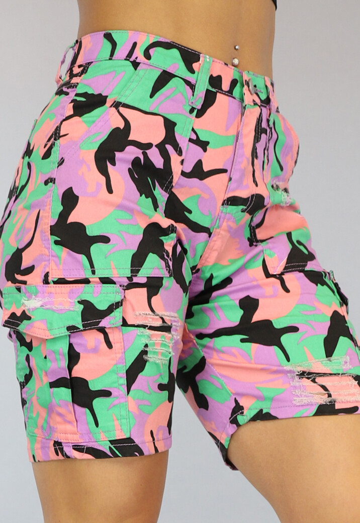 Cargo Jeans Short met Roze/Groen Camo Print