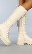 Hoge Beige Biker Boots met Doorgetrokken Veters