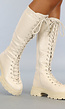 Hoge Beige Biker Boots met Doorgetrokken Veters