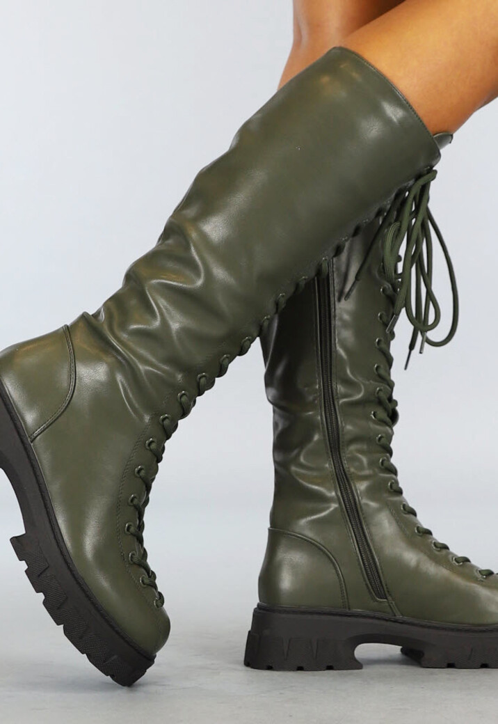 Hoge Groene Biker Boots met Doorgetrokken Veters