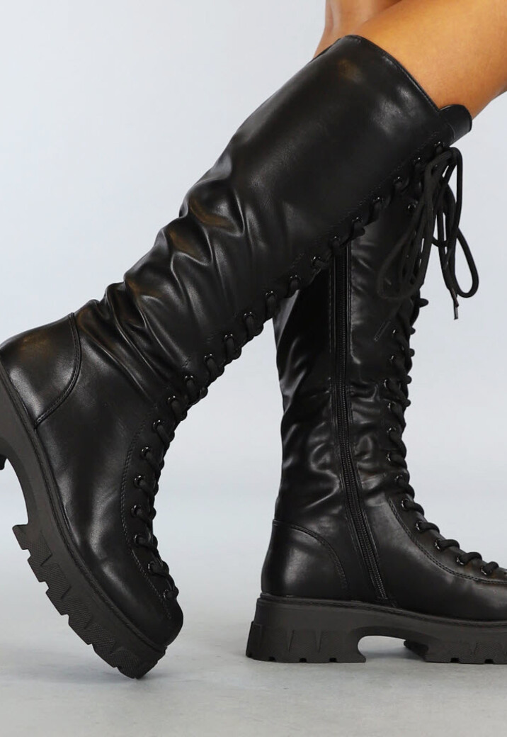 Hoge Zwarte Biker Boots met Doorgetrokken Veters