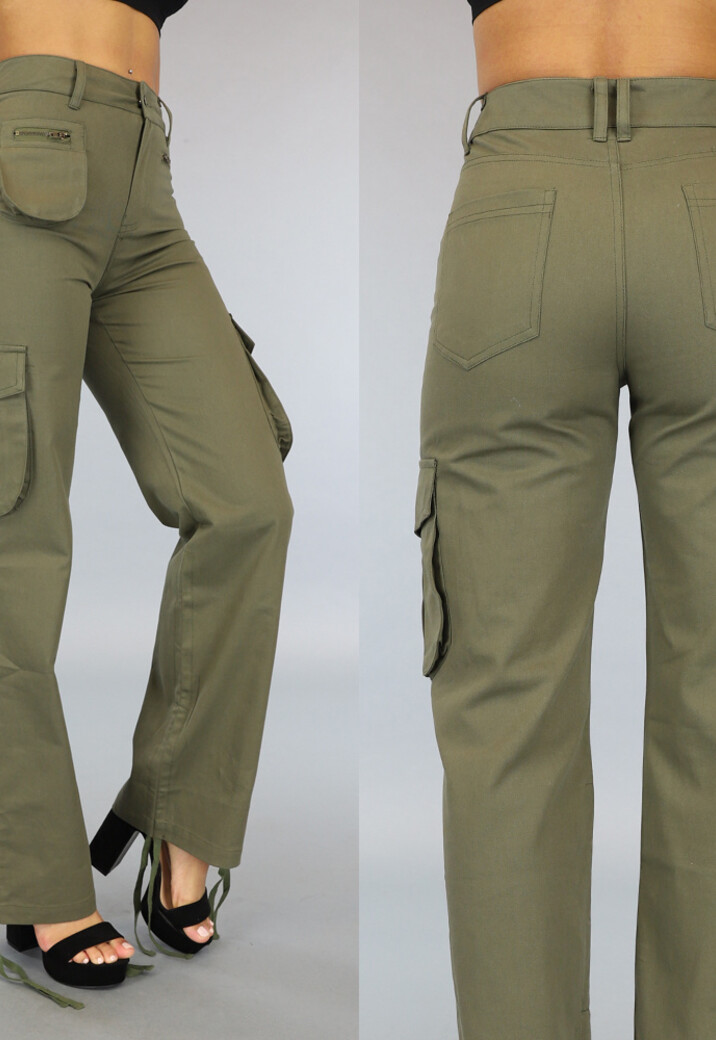 Tall Legergroene Straight Leg Cargo met Veter Details