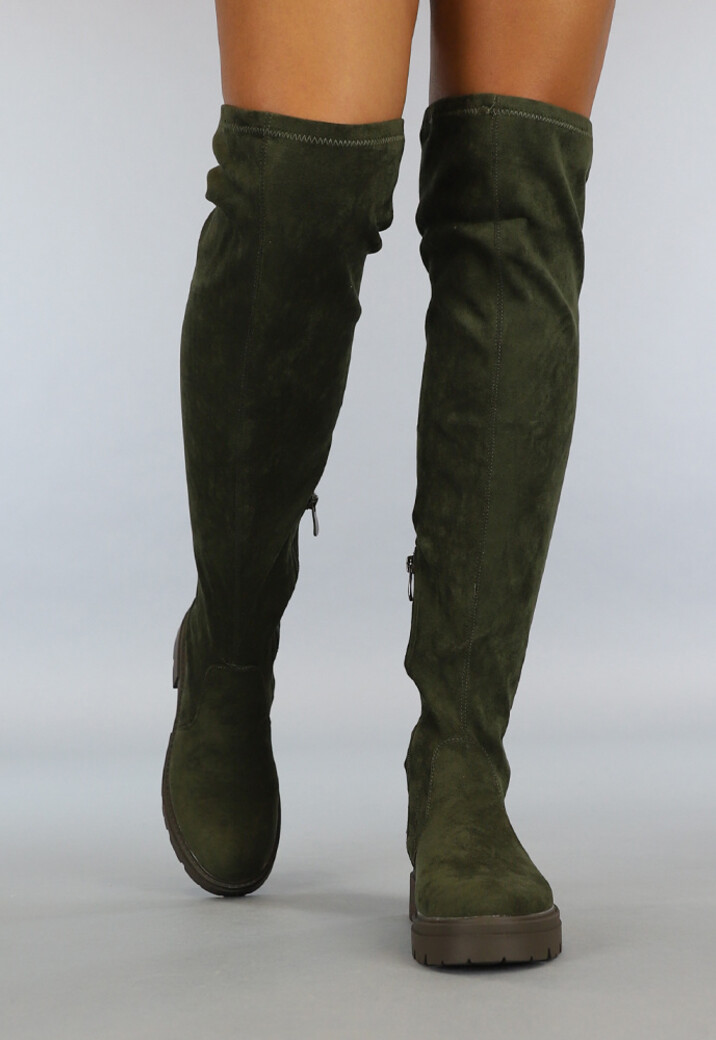Groene Suèdelook Overknee Laarzen met Rits