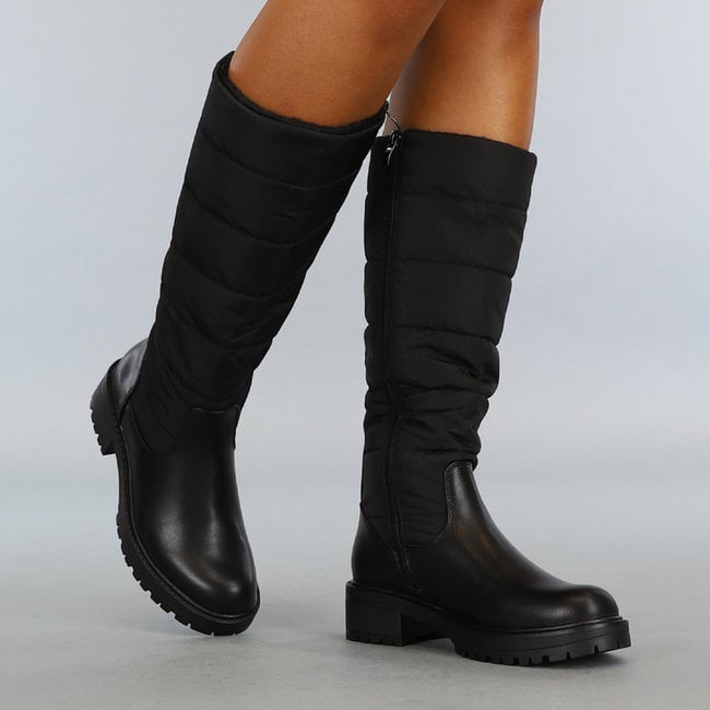 Zwarte Hoge Lederlook Laarzen Stof met Zachte Binnen -