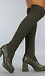 Groene Overknee Laarzen met Dikke Hak en Stof Details