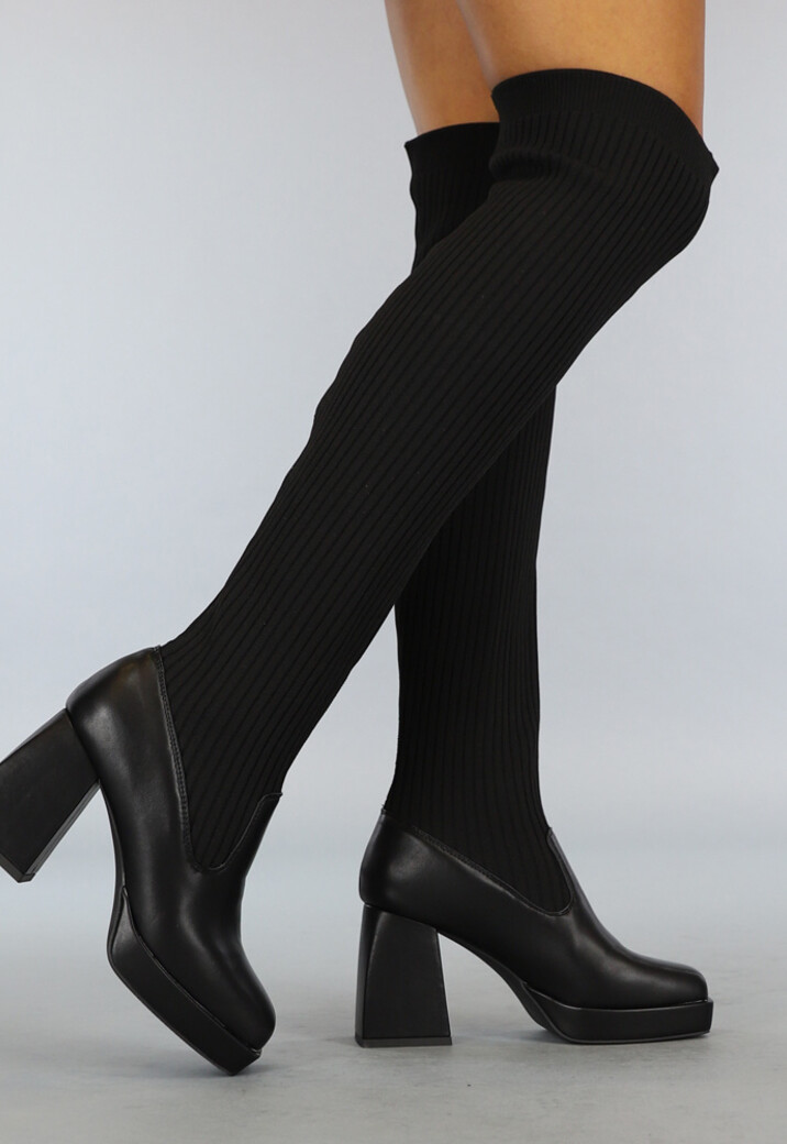 Zwarte Overknee Laarzen met Dikke Hak en Stof Details