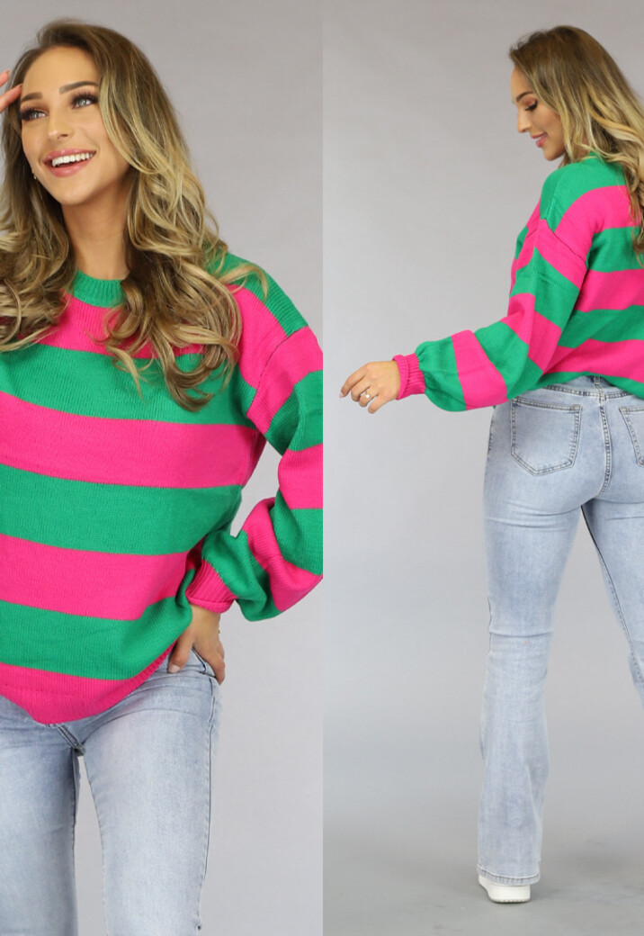 Groen/Roze Trui met Horizontale Strepen