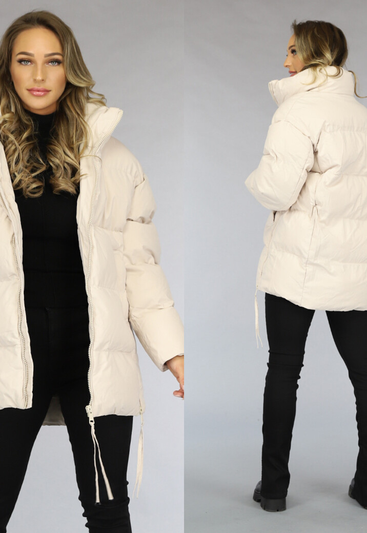 Beige Gewatteerde Winterjas zonder Cappuchon