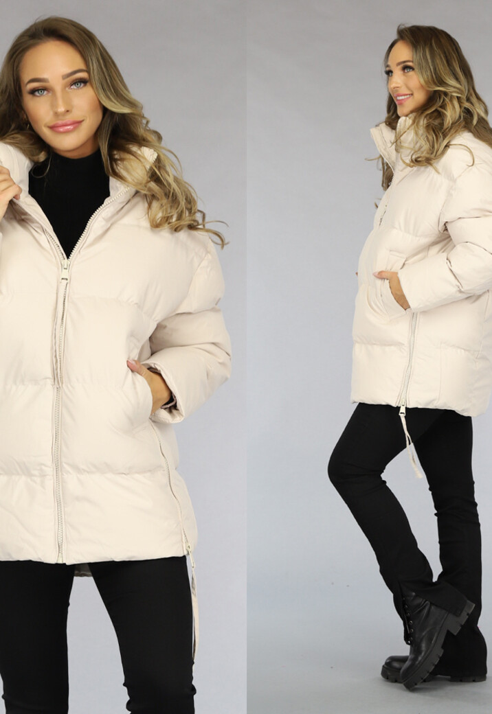 Beige Gewatteerde Winterjas zonder Cappuchon