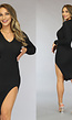 Zwarte Rib Midi Jurk met Split en V-Hals