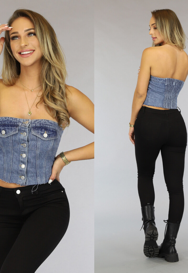 Denim Bandeau Top met Knopen