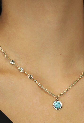 BF2023 Goudkleurige Zon Ketting met Blauw Steentje en Muntjes