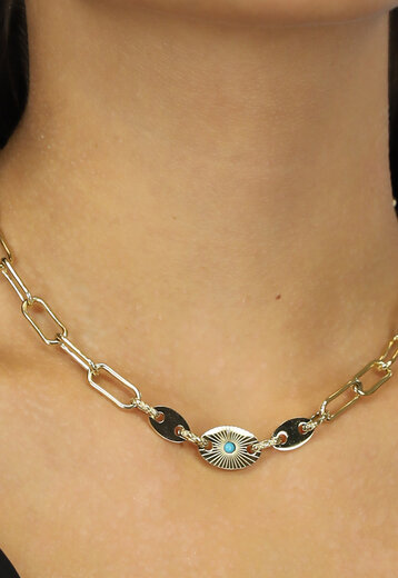 BF2023 Goudkleurige Chain Ketting met Drie Bedeltjes en Blauw Steentje