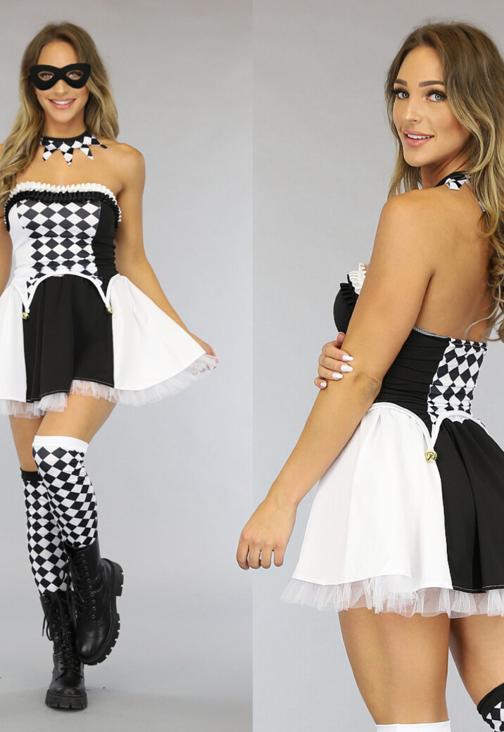 Zwart/Wit Pierrot Kostuum met Kousen